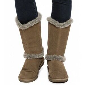 BEARPAW Boots Sheilah Suede Plush Faux Fur Trimmed Tall Winter Size 8